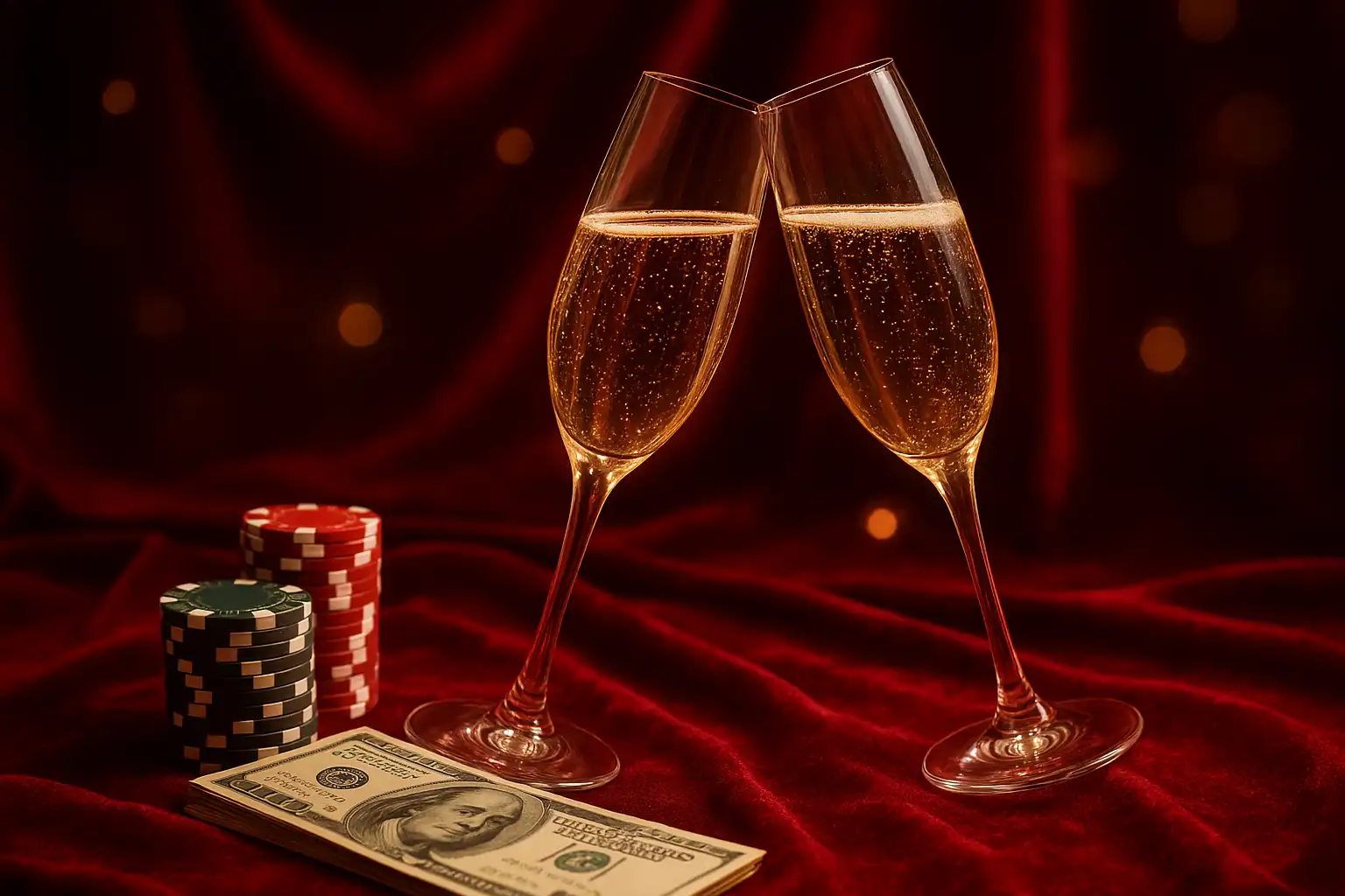 Champagne glasses and casino chips beside a bonus cash stack