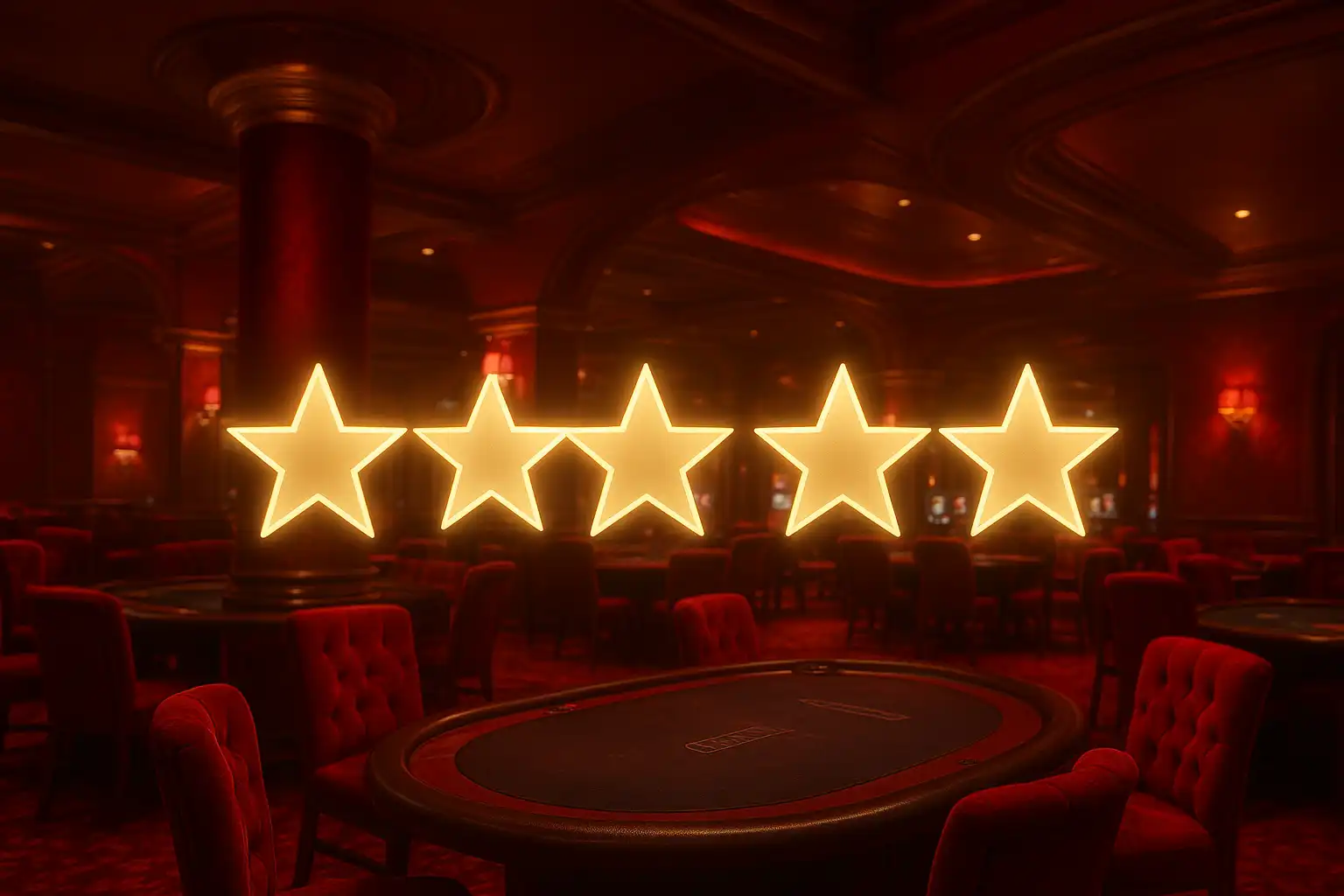 Red velvet casino interior with a review scorecard overlay