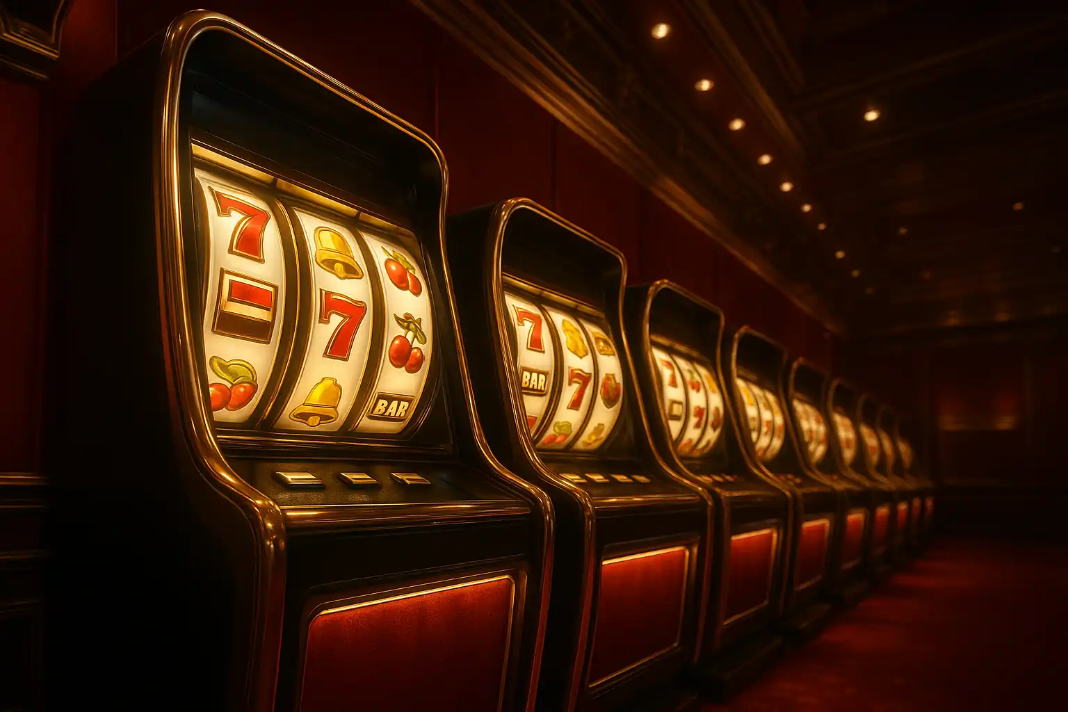 Row of glowing slot machine reels in a red velvet casino hall